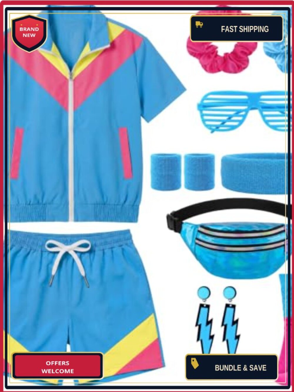 80s Outfit for Women Neon Color Block Tracksuit Costume with Accessories